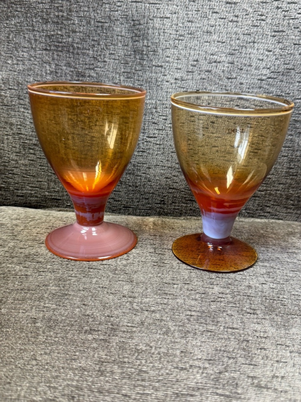 Set of 2 Roost San Francisco Handblown Amber-Orange Gradient Goblets.